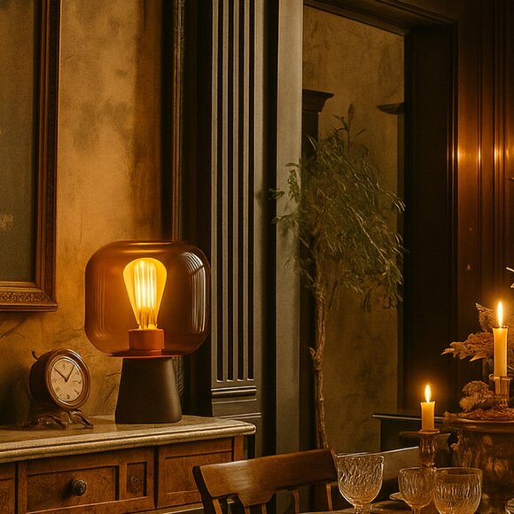 NWT Dusk Dawn Smoked Glass Drum Table Lamp Nordic Style - Picture 2 of 6